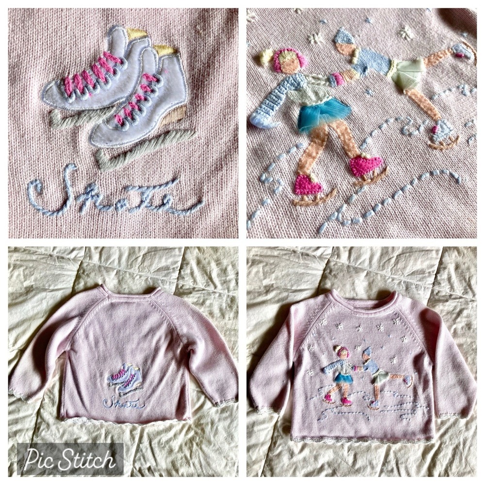 Vtg Embroidered Sweater 3D Girls Ice Skating Pink 2T Cotton Ramie Winter Snow